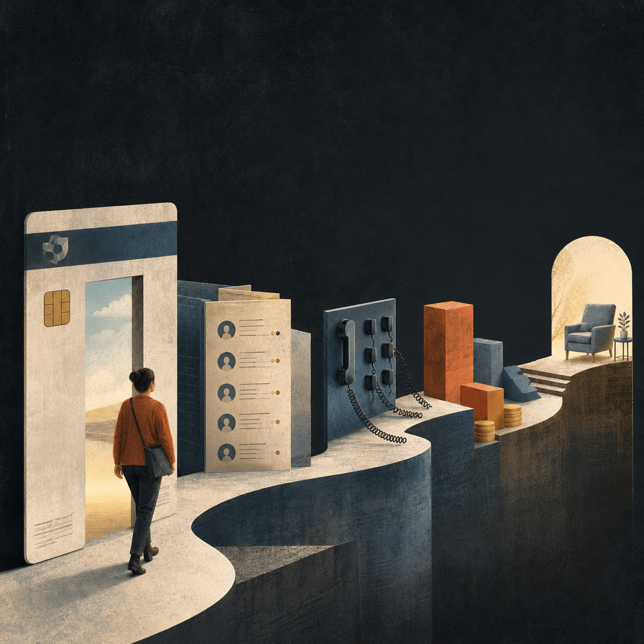 An insured person navigating directories, unanswered calls, cost barriers, and stairs before reaching a therapy chair
