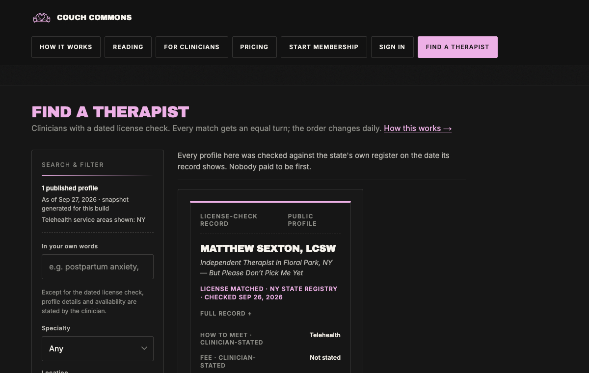 The live Couch Commons Find a therapist page, showing one published profile and its license-check record: NY State registry, checked Sep 26, 2026