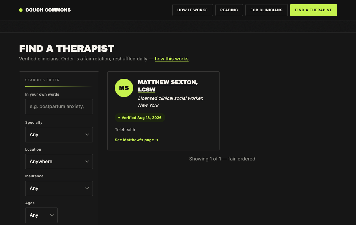 The live Couch Commons Find a Therapist search, showing a verified clinician profile with a dated license receipt