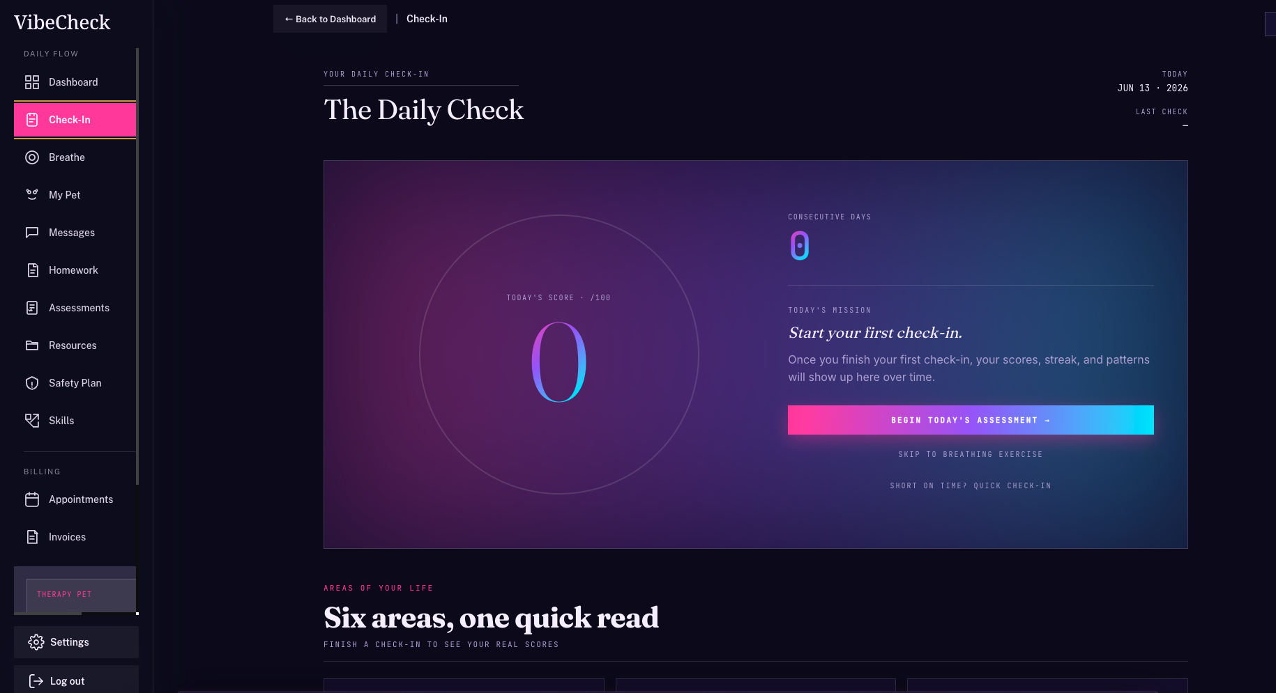 The VibeCheck.luxury daily check interface, shown on the client and clinician side