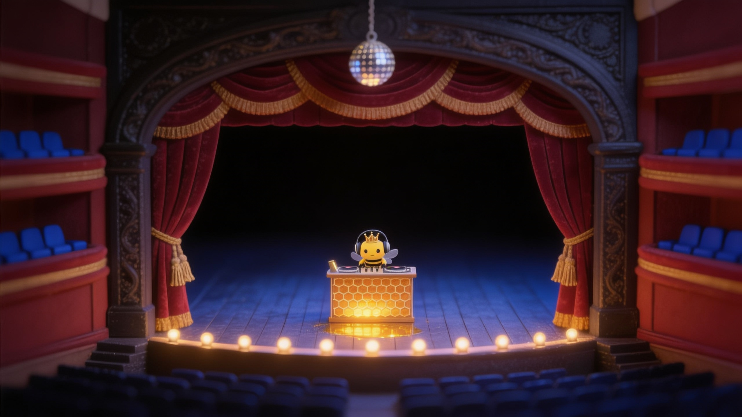 Shaula at her honeycomb decks on the Broadway stage, curtain drawn back